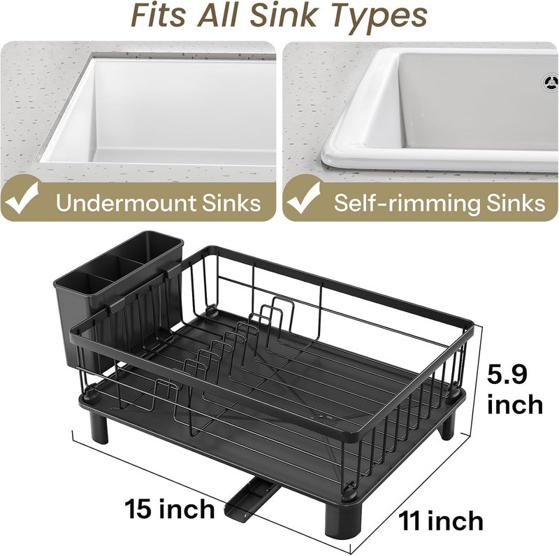 SNTD Dish Drying Rack - Small Dish Rack for Kitchen Counter, Stainless Steel Dish Drainer with Utensil Holder and Drainboard, 11" W x 15" L (Black) - Image 3